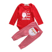 Newborn Baby Boys Girls My First Christmas Bodysuit and Plaid Pants Leggings Headband Hat 4pcs Christmas Outfits Set