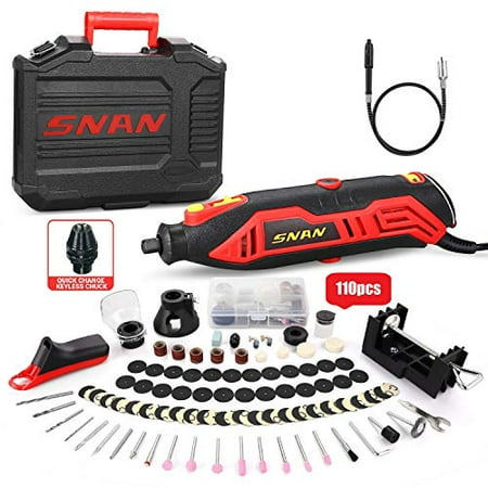 

Rotary Tool Kit SNAN Tool with MultiPro Keyless Chuck and Flex Shaft 10000-35000RPM 6 Variable Speed 110 Accessories Ideal for Craft Projects DIY Creations Cutting Engraving-SERTD02.