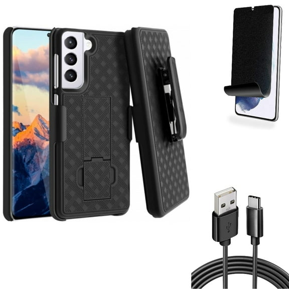 For Samsung Galaxy S21 (6.2") - Charger Cord Type-C 6ft USB Cable   Swivel Holster Case Belt Clip   [Fingerprint Works] TPU Film Privacy Screen Protector