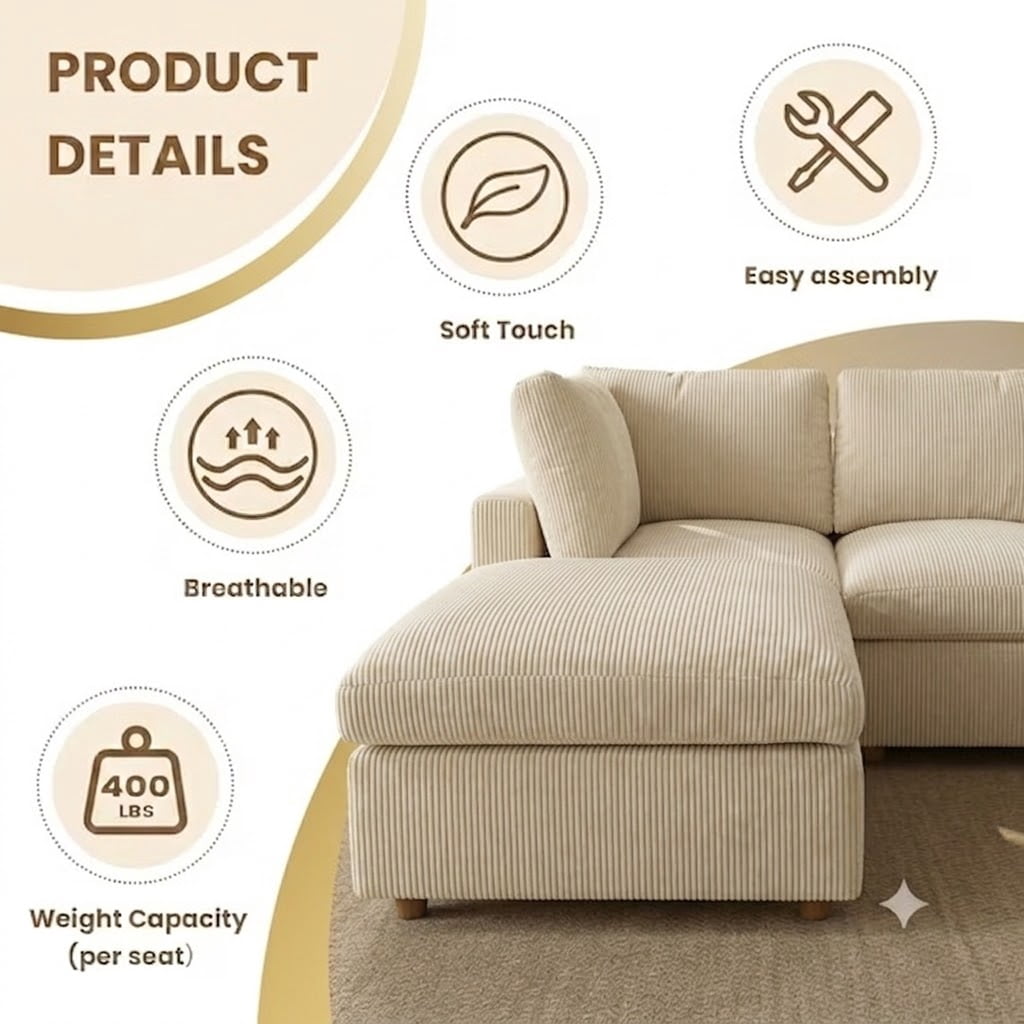 Howcool Cloud Couch Modular Sectional Sofa 6 Seat 122" L Shaped Reversible Convertible Couch, Corduroy Thick Cushion with Movable Ottomans, Washable Removable Cover for Living Room,Camel