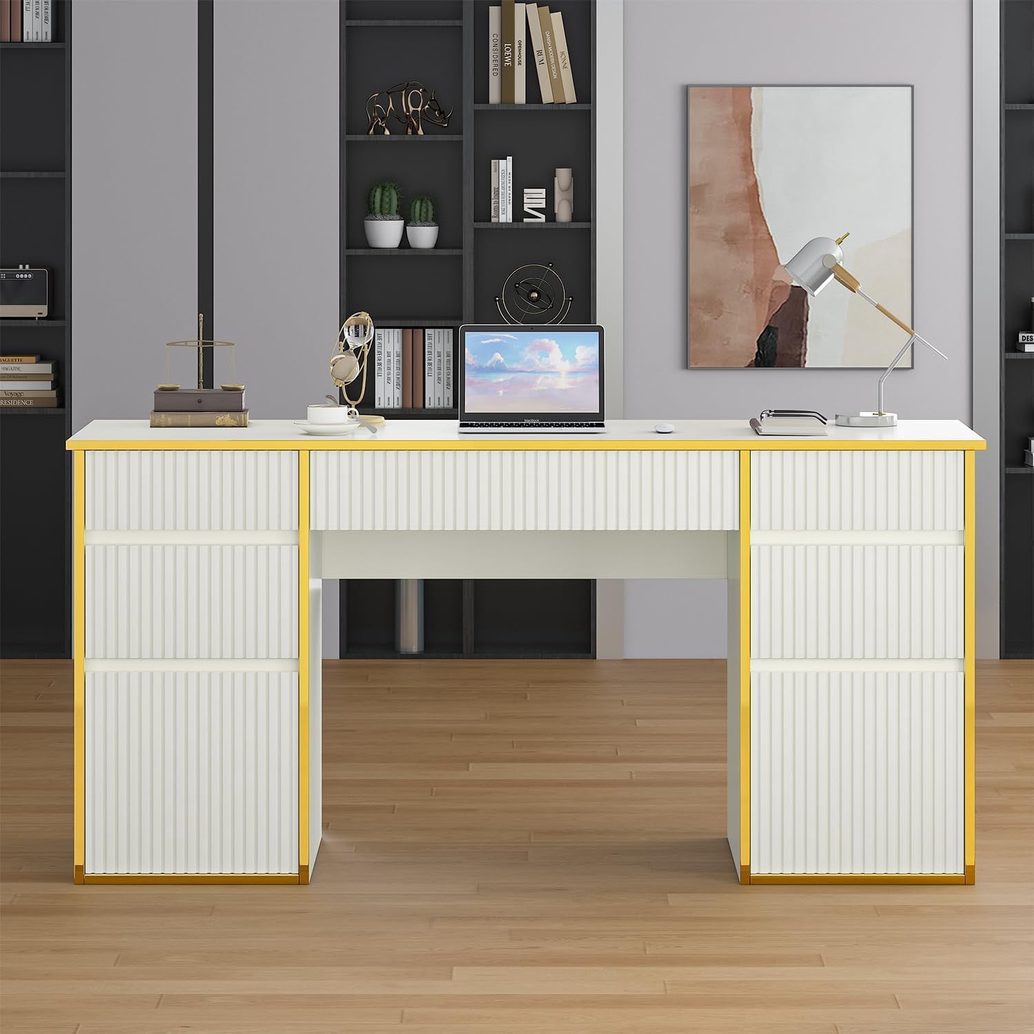 DreamCurship 58 inch Executive Desk with Drawers, Computer Desk with 7 Drawers, Home Office Desk for Work Study Writing, White and Gold
