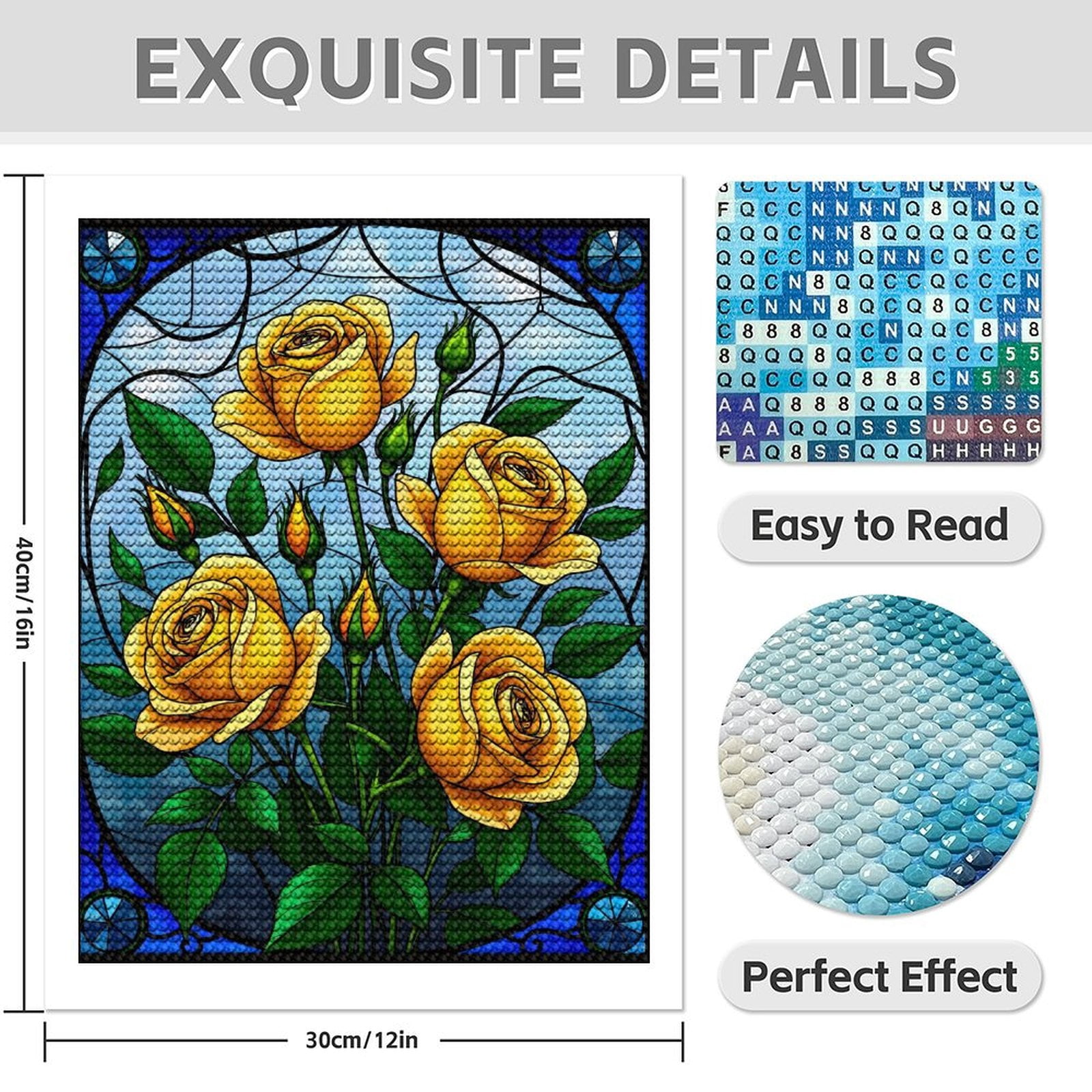 Diamond Art Kit for Adults, Yellow Roses Stained Glass Art Diamond Painting for Adults Beginners, DIY Diamond Art Painting Kits, 5D Diamond Painting Crafts for Home Decor 12x16 Frameless