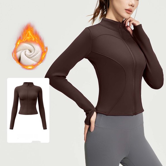 Cropped Workout Jackets for Women Fleece Lined Long Sleeve Zipper High Stretch Coat Coffee 3XL