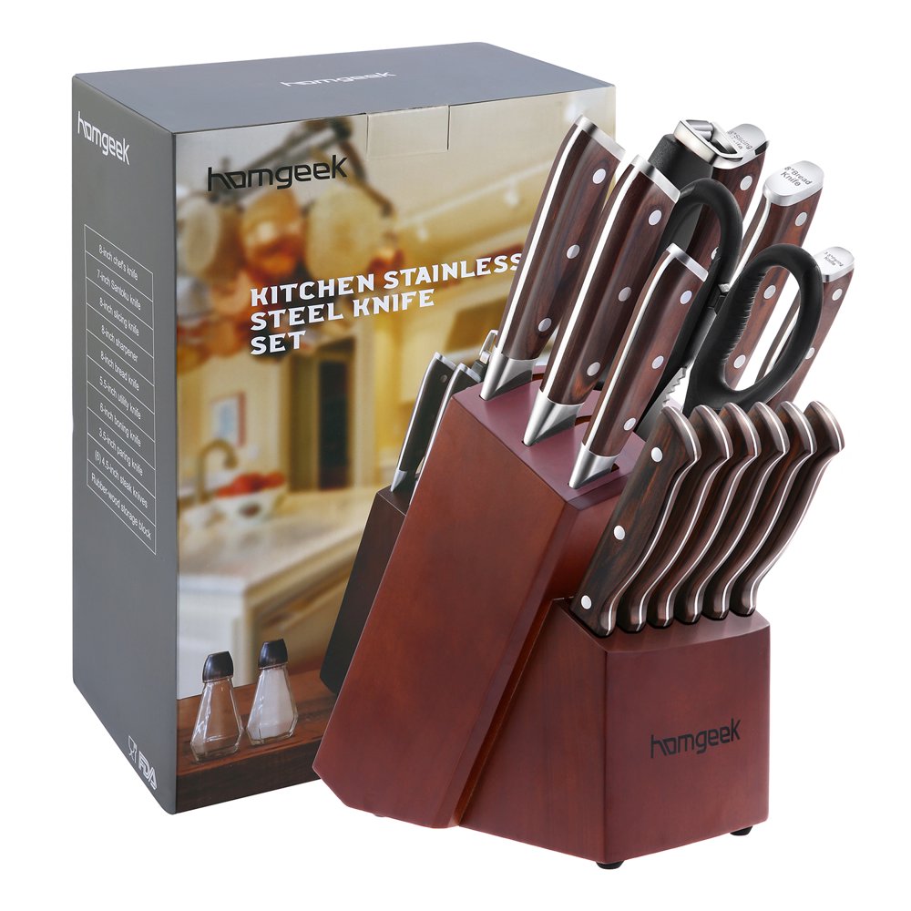 Homgeek Kitchen Knife Set 15 Piece with Wooden Block Sharpener and