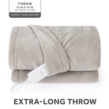 SUNBEAM ELECTRIC HEATED THROW BLANKET OVERSIZE WASHED STONE MICROPLUSH 4 HEAT SETTINGS