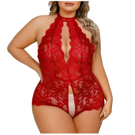 

Jumpsuit For Women Sexy Lingerie Sets Women Large Size Hollow Open Lace Bow Red Sets