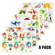 MesaSe 6 Pack Wooden Peg Puzzles for Toddlers  9 x 6 inch Preschool Educational Learning Puzzle Toys for Kids Age 2  3  4 - Vegetables  Fruits  Shapes  Insects  Occupations  Space(Vegetab