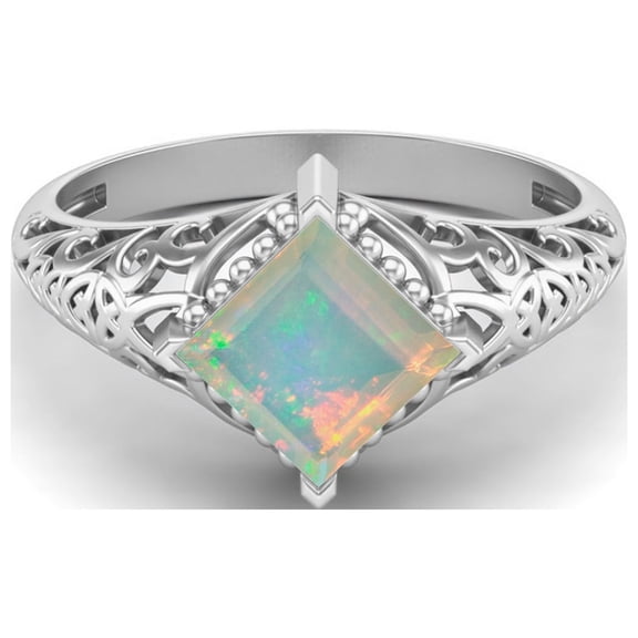 1.30 Ctw Square Ethiopian Opal Filigree 925 Sterling Silver Solitaire Mother's Day Gift Ring