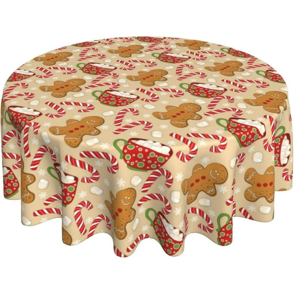 Christmas Tablecloth Round 60 x 60 Inch Winter Brown Gingerbread Man Round Table Cloth Polyester Fabric Xmas Candy Marshmallow Table Cover for Kitchen Party Picnic Outdoor Decor