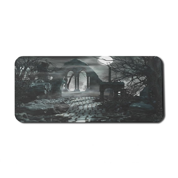 Gothic Computer Mouse Pad, Full Moon over Medieval Building Ruins at Night Dark Scary Backdrop Middle Ages Image, Rectangle Non-Slip Rubber Mousepad X-Large, 35" x 15", Blue Grey, by Ambesonne