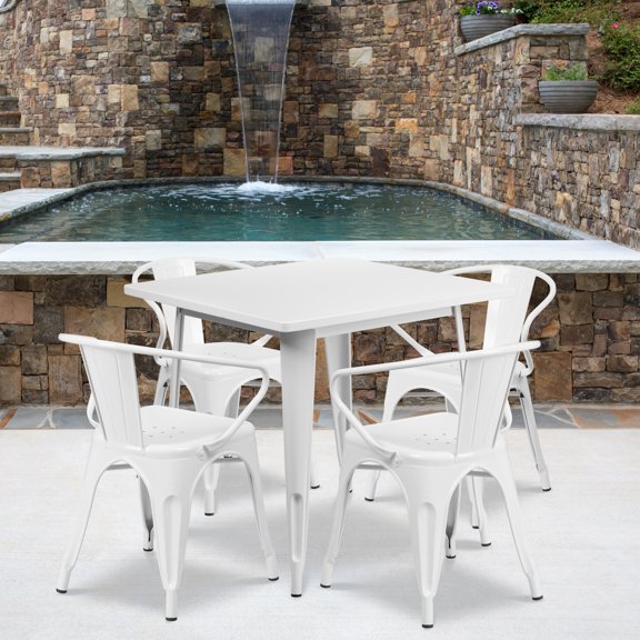 Emma Oliver Commercial Grade 31.5" Square White Metal Indoor-Outdoor Table Set-4 Arm Chairs