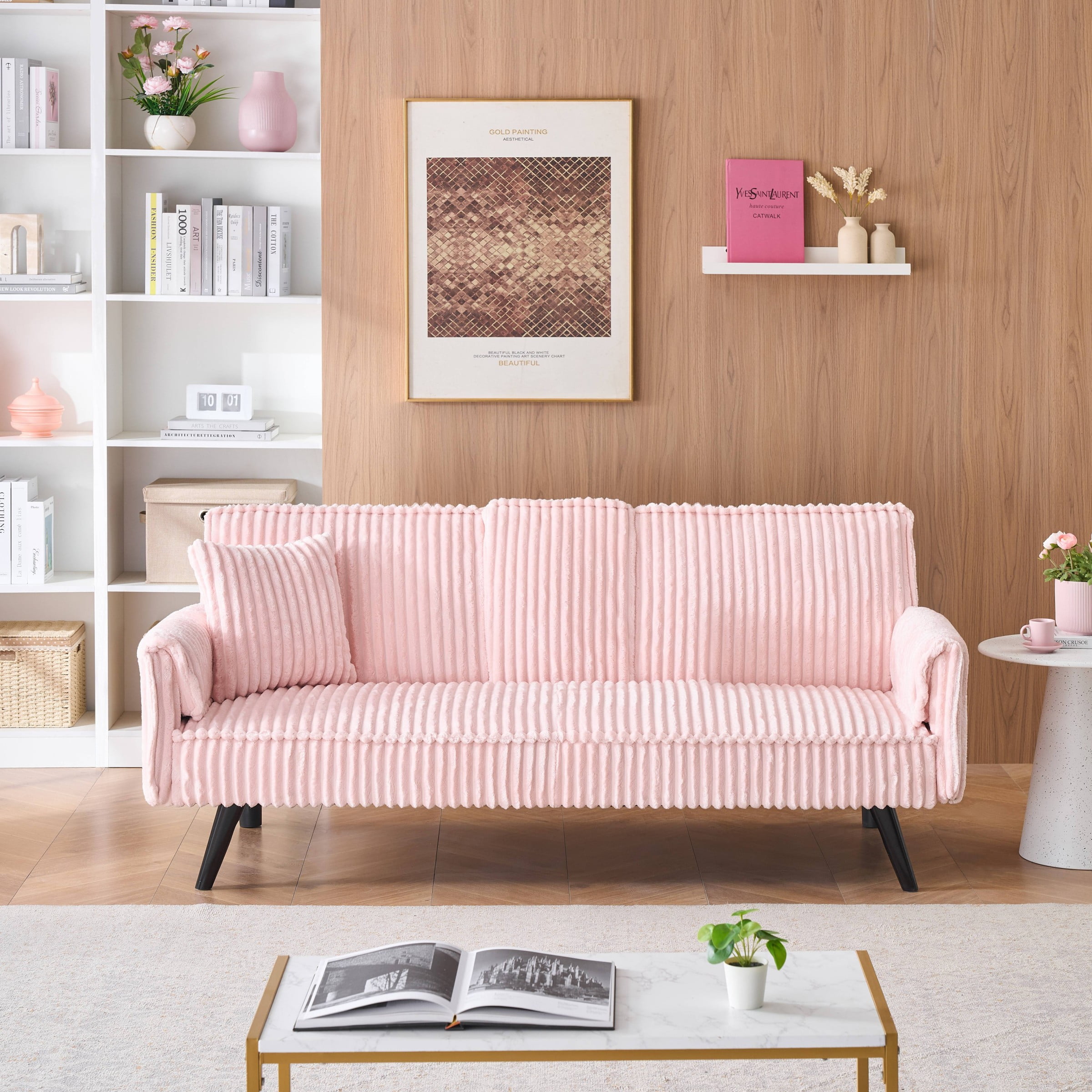 Jopath Modern Corduroy Futon Sofa Bed,Convertible Loveseat Sleeper Sofa Couch with Adjustable Backrest & Cup Holder for Living Room,Pink