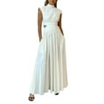 thumbnail image 6 of Women Summer Casual Polyester Long Dress Solid Color Stand Collar Waist Hollow-Out Sleeveless Dress Beach Holiday Loose Dress, 6 of 10
