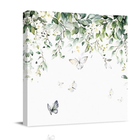 Canvas Wall Art, Eucalyptus Framed Canvas Prints for Bathroom Desk, Butterfly Sage Green Leaf Farmhouse Plant Small Gallery Wrapped Wall Decor for Home Office, Gifts, 8"x8" Ship Next Day