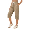 thumbnail image 4 of Cagogo Women's Plus Size Capri Pants Elastic Waist with Pockets Casual Loose Wide Leg Cropped Summer Lounge Trousers Sporty Beach Drawstring Work Clothes, Khaki 3XL, 4 of 7
