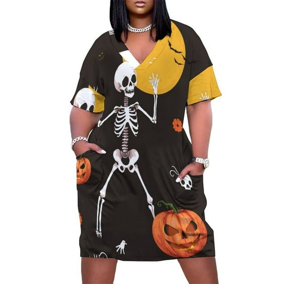 Halloween Skeleton Pumpkins Loose Pocket Dress Elegant Women"s Dresses for Wedding Wedding Dresses for Woman