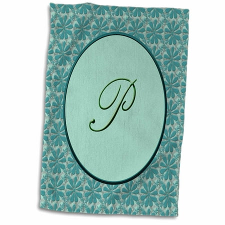 3dRose Elegant letter P in a round frame surrounded by a floral pattern all in teal green monotones - Towel, 15 by