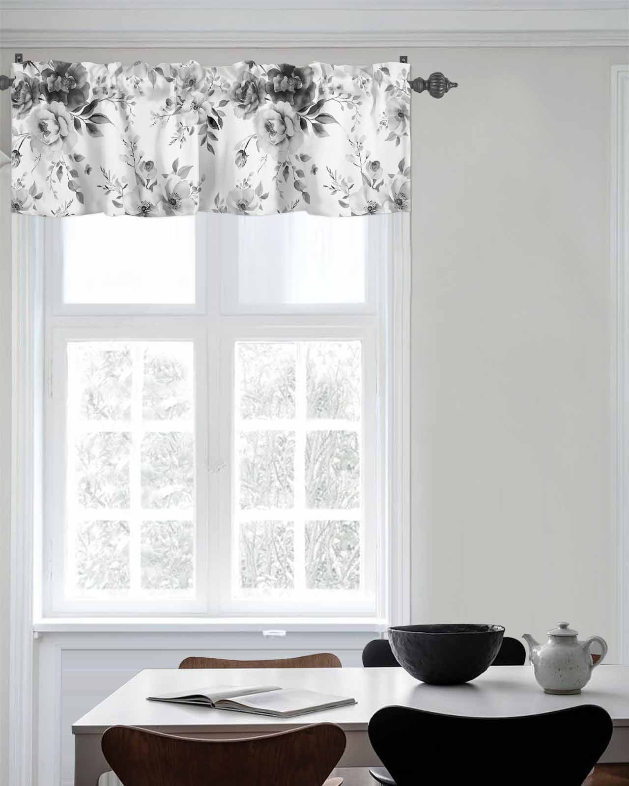 Spring Blossom Grey Flower Curtain Valances for Kitchen Windows,Rod Pocket Short Valance Retro Watercolor Floral Plant Window Treatment for Living Room Bathroom Bedroom,54" x 18"-1 Panel