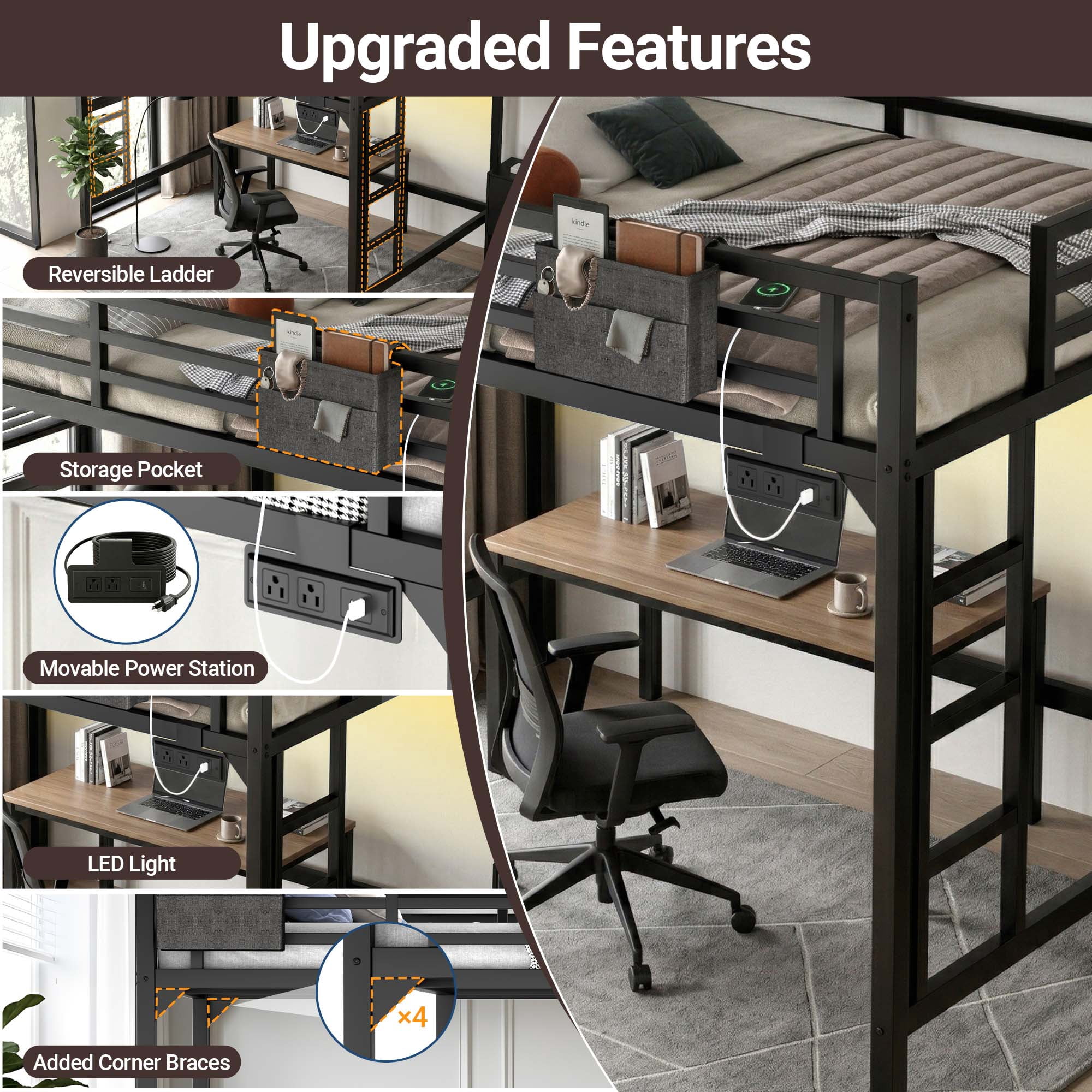 Miniyam Full Metal Loft Bed with LED and Charging Station for Adults in Apartments, Black