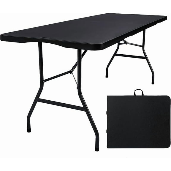 Folding Table 4 Foot Portable Heavy Duty Plastic Fold-in-Half Utility Table Small Indoor Outdoor Adjustable Height Folding with Carrying Handle, Camping and Party, Black
