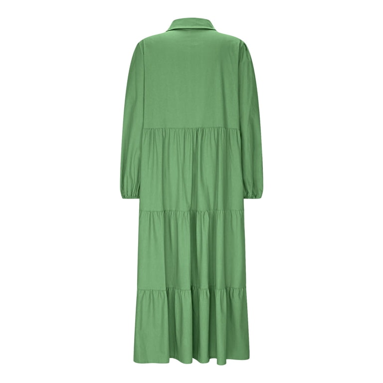 SMihono Women's Loose Fit Puff Sleeve Maxi Tiered Babydoll Dress Collared  V-Neck Cotton Long Button Down Cotton Linen Dresses Green M - Walmart.com