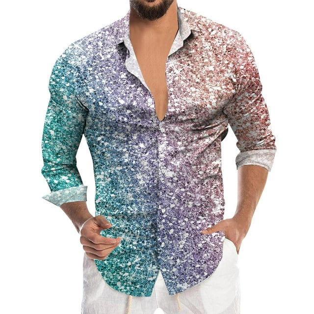 SHIXIAOO Chemise à Manches Longues Imprimée 3D Numérique à Paillettes pour Hommes, Col à Revers, Boutons, Ajustée, avec Poche, pour le Travail