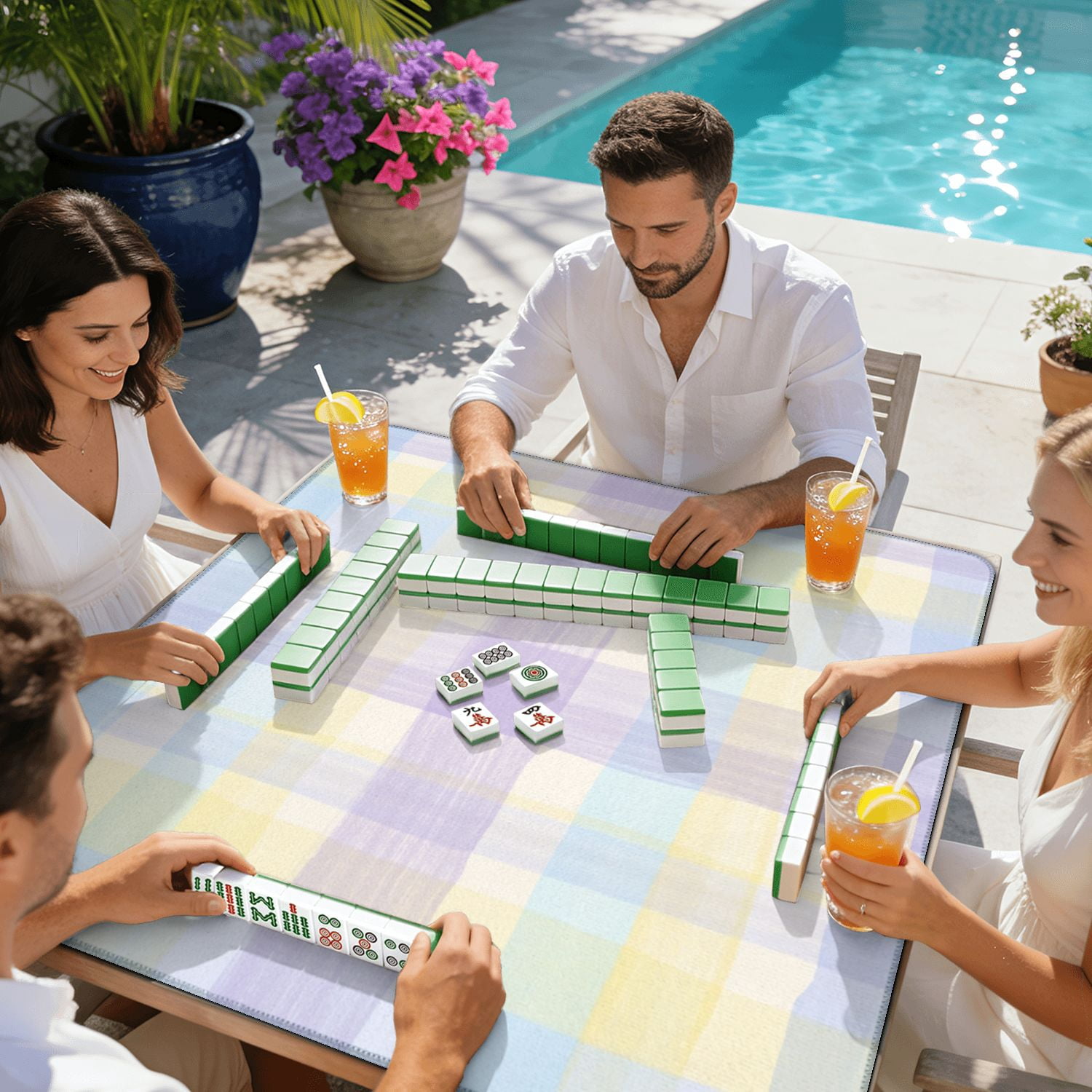 Mahjong Mat 31.5" x 31.5" Pastel Plaid Soft Brushstroke Non-Slip Noise Reduction American Mahjong Tiles Table Cover for Dominoes Poker Card Board Games Gift
