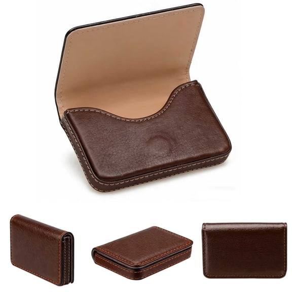 Coffee Business Card Holder, PU Leather Business Card Case Pocket Wallet with Magnetic Shut for Valentines Gift Adult