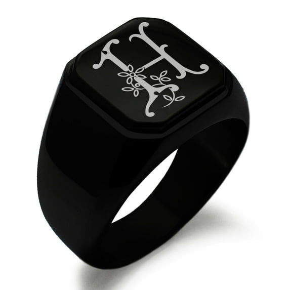 Stainless Steel Letter H Initial Floral Monogram Engraved Engraved Square Flat Top Biker Style Polished Signet Ring