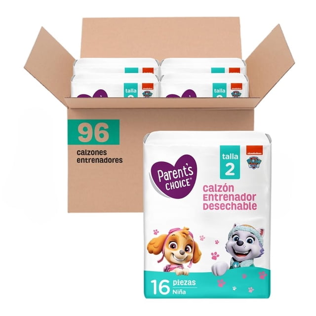calzón entrenador parents choice talla 2 niña 96 pzs caja abierta con paquetes individuales; empaque blanco frontal con logo Parent's Choice, indicador talla 2 y texto "calzón entrenador desechable", paquete muestra 16 piezas niña y personajes; sistema elástico para subir y bajar, material absorbente y diseño para ayudar el aprendizaje evitando escurrimientos; a menudo usado como opción práctica para viajes cortos por su empaque compacto.