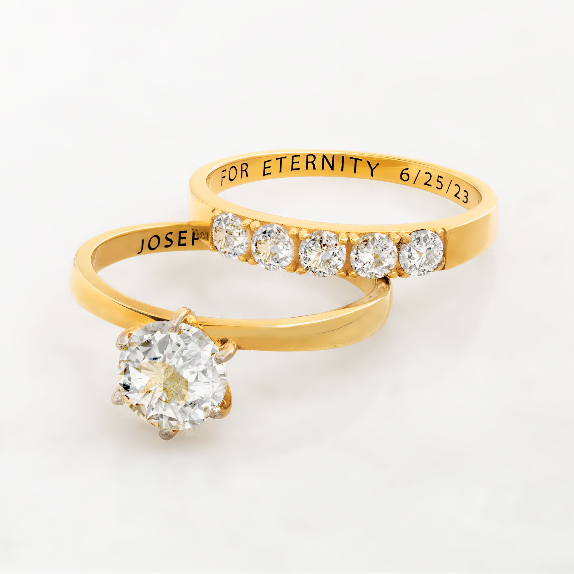Vow & Forever Personalized Planet Bridal 14K Gold over Sterling Silver Round White Topaz 2-Piece Engraved Wedding Ring Set ,Women's