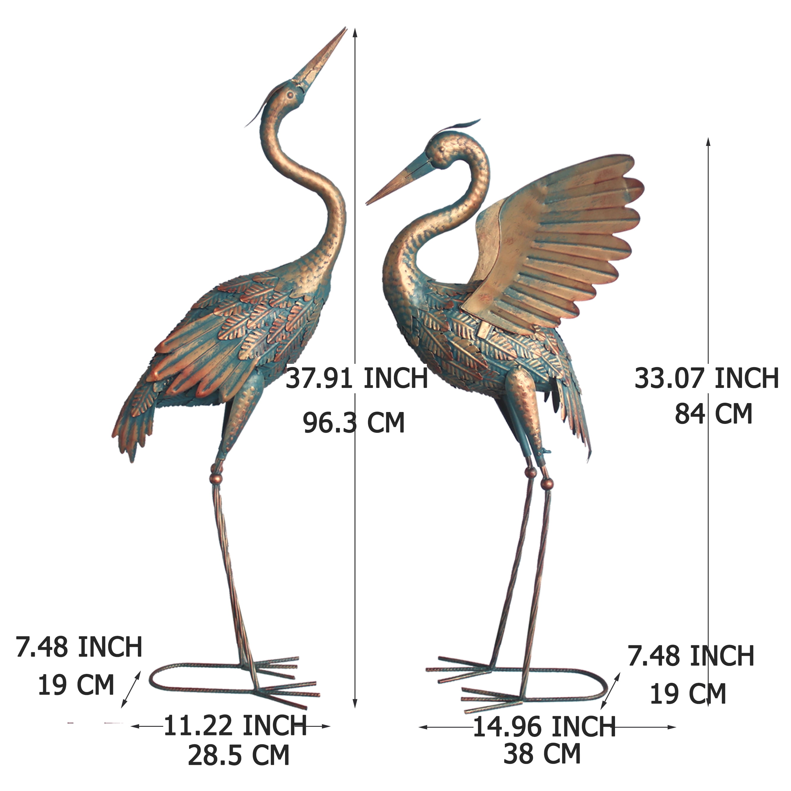 33-37 Inch Metal Crane Garden Statue Décor, Bird Heron Garden Sculpture & Statues, Outdoor Decoration for Yard Pond Lawn Backyard Pool, Vintage Spread Wings Crane, Set of 2 Copper