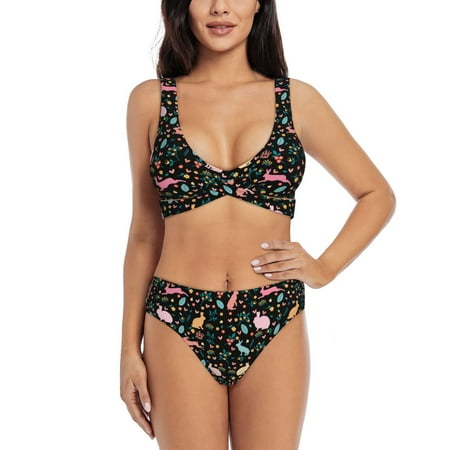 Zeuib Cute Rabbit And Flower High Waisted Tummy Control Bikini Set - Knot Front Push Up Top & Cheeky Thong Bottom  Two-Piece Swimsuit for Women-X-Large