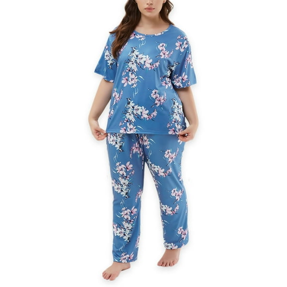 Women's Plus Size Pajama Sets For Lady Soft Short Sleeve Loungewear Sleepwear Top With Soft Pants 1XL