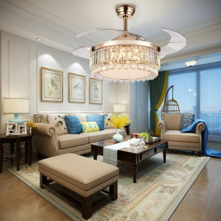 

42 Chandelier Ceiling Fan Light Gold Invisible Blade Crystal LED + Remote