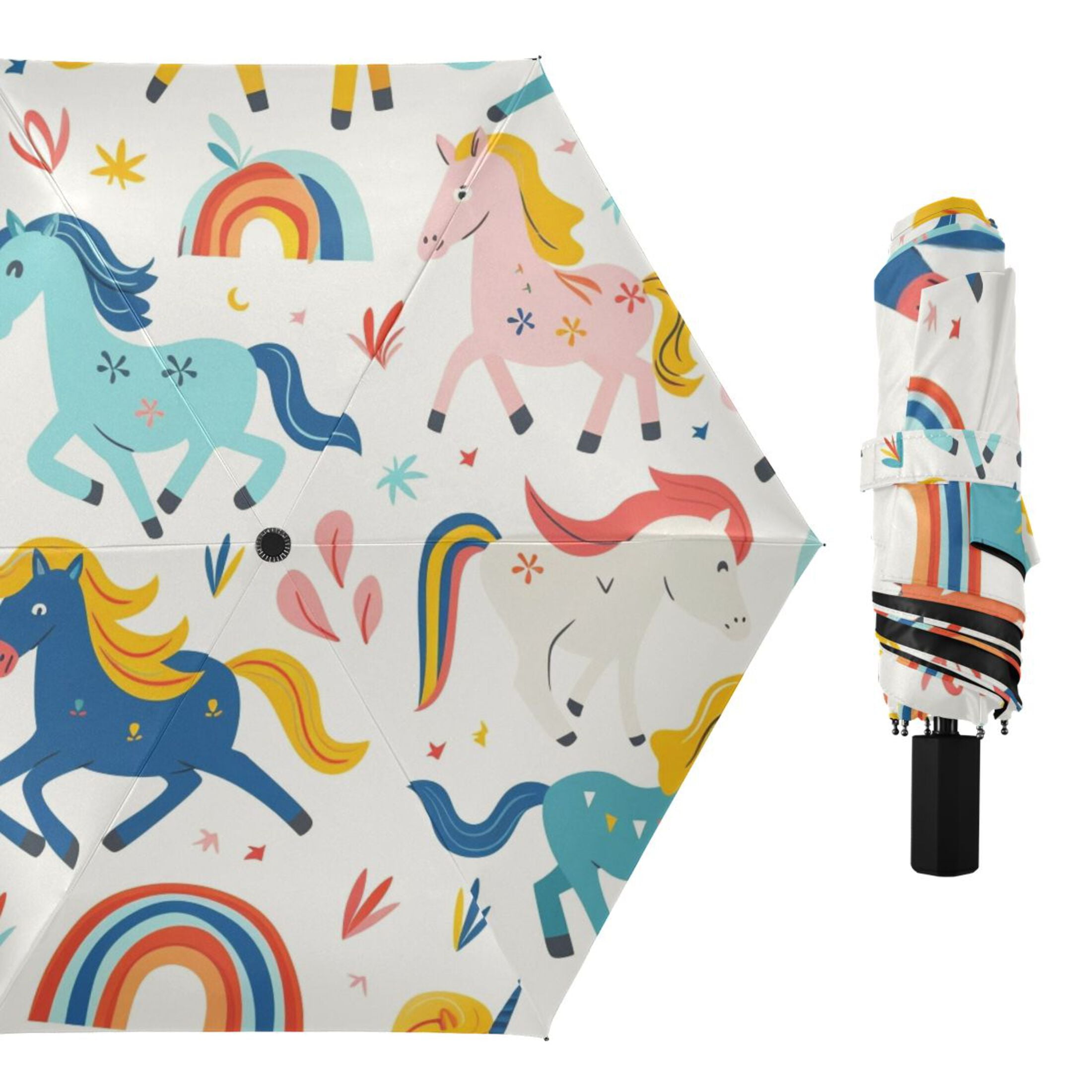 ALAZA Cute Horse Rainbow UPF 50+ Compact Folding Umbrella for Rain Travel Umbrella Packable