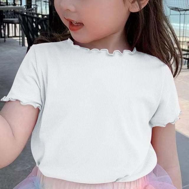 AherBiu T-Shirts Filles Manches Courtes à Volants Hauts en Coton Doux Col Rond Décontracté Couleur Unie 1-9 Ans