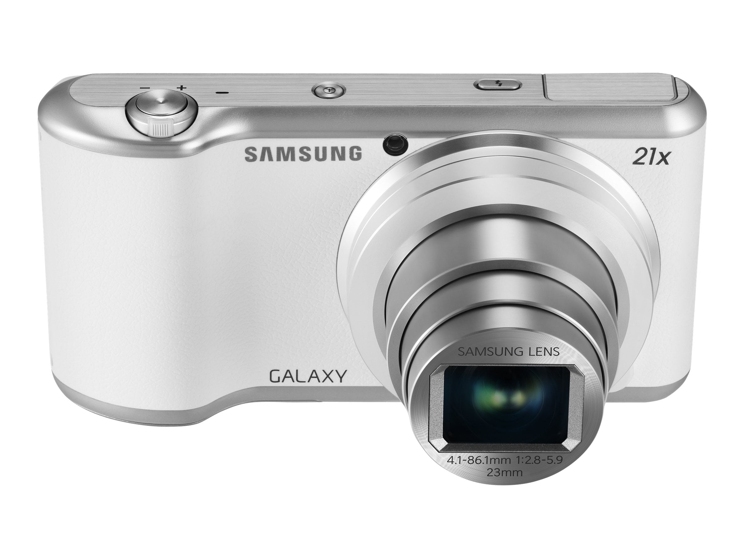  A white Samsung Galaxy camera with the lens extended and the flash open.