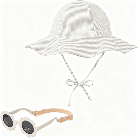 OQRKI UPF 50 Wide Brim Baby Sun Hat with Sunglasses 0-12M - Sun Protection Infant Toddler Bucket Hat Adjustable for Outdoor