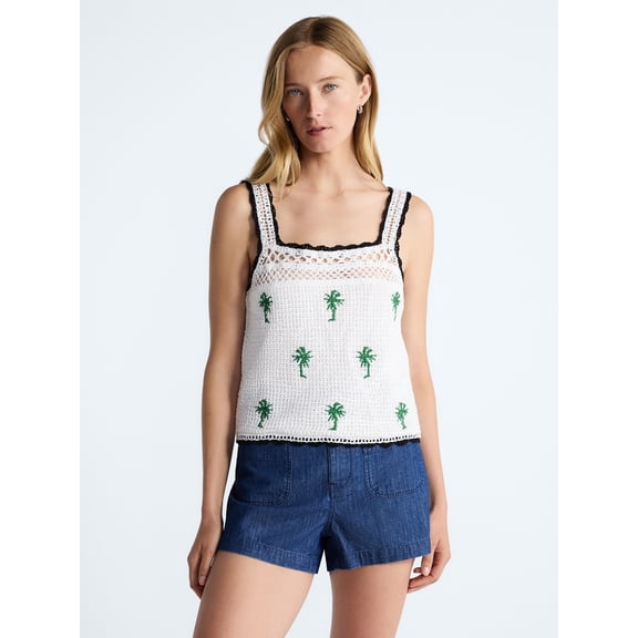 Free Assembly Women's Embroidered Square Neck Cotton Tank Top, Sizes XS-XXL