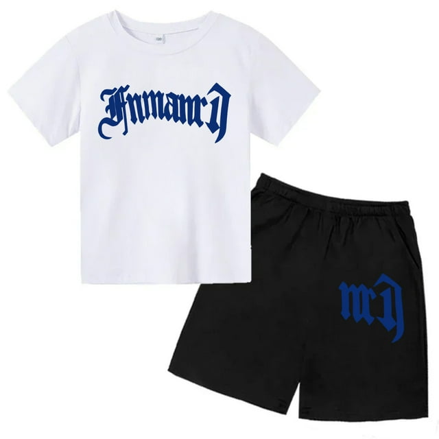Ensemble 2 Pcs T-Shirt d'Été pour Enfants à Imprimé de Marque Gothique Haut + Short Ensemble 2 Pcs Manches Courtes Décontracté Mode Garçons Fille Enfant
