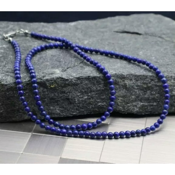 K-KED Men's Delicate Jewelry 4mm Natural Lapis Lazuli Smooth Round Gemstone Bead Necklace 20"