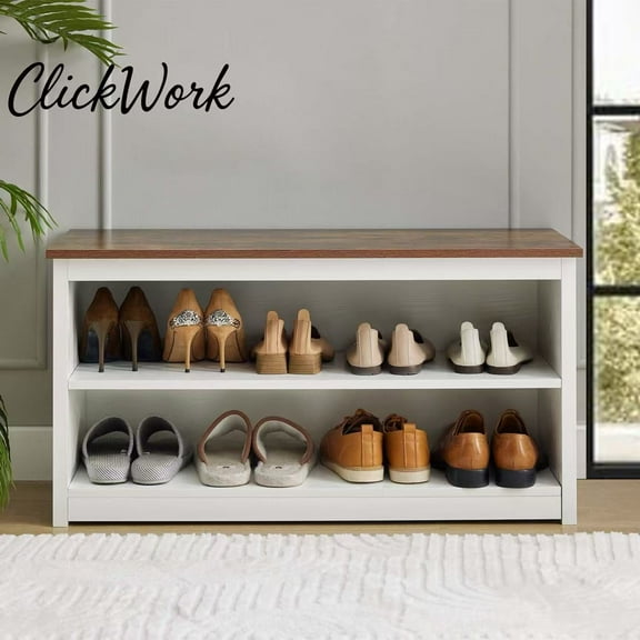 2-Tier Wooden Shoe Bench, 9 Pair Storage Entryway Organizer With Seat