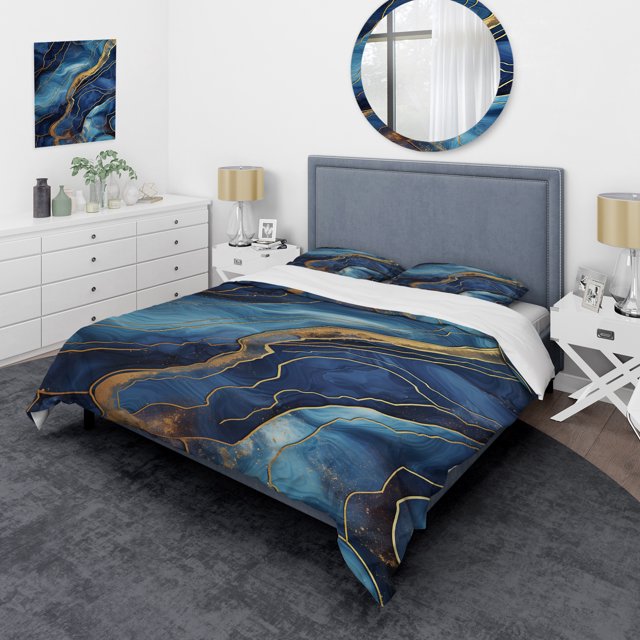 Designart "Abstract Illusion Blue and Gold Marble V" Abstract Marble Bedding Covert Set - Abstract Blue Modern Bed Set With 2 Shams