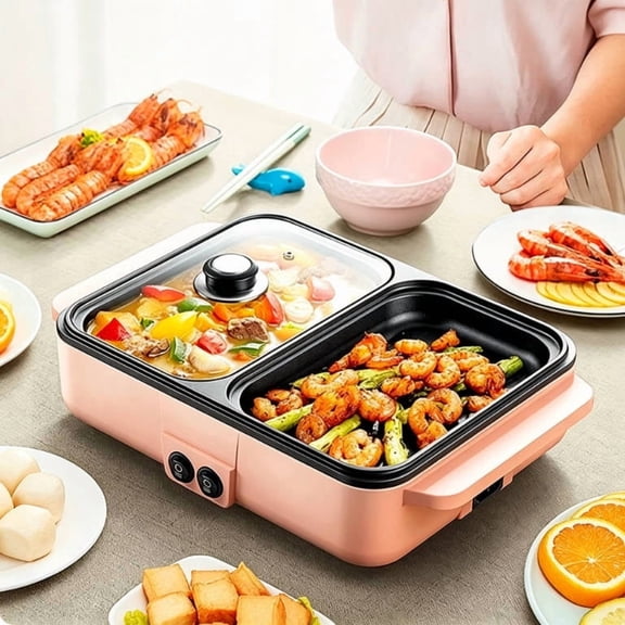 DICEEVIL Electric Hot Pot with Grill, 2 in 1 Indoor Non-Stick Electric Hot Pot, Multifunctional Smokeless Korean Barbecue Grill, Independent Temperature Control, for Korean BBQ, Shabu and Soup