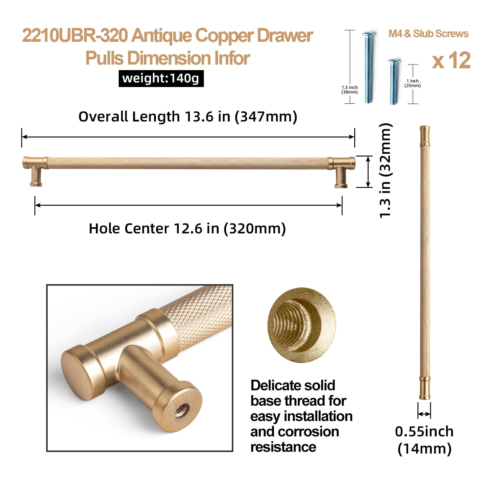 Goo-Ki 12 Pack Knurled Champagne Bronze Zinc Alloy Kitchen Cabinet Handles, Closet Classic 12.6"(320mm) Hole Center Cabinet Pulls Dresser Handles for Bedroom