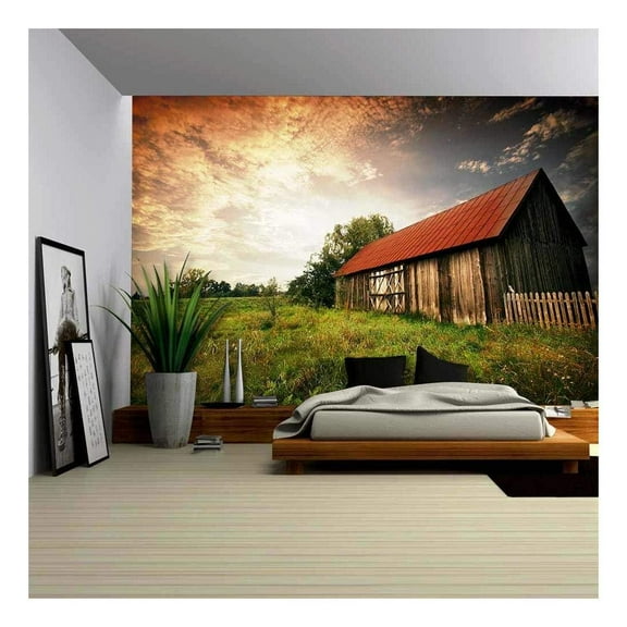 wall26 - Old Wooden Bar with Red Roof Over The Dramatic Sunset. Zalew Zegrzynski, Poland - Removable Wall Mural | Self-Adhesive Large Wallpaper - 66x96 inches