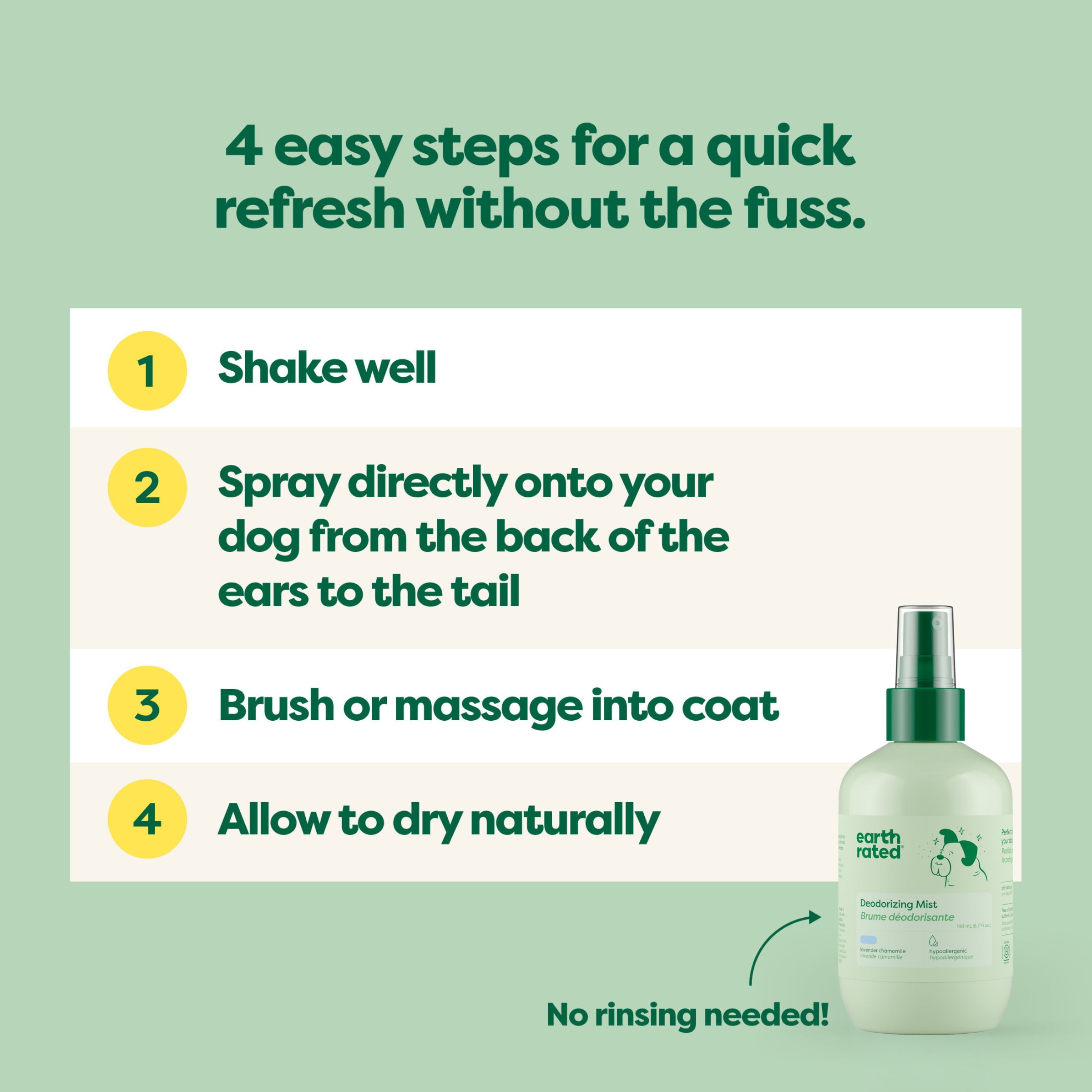 Earth Rated Dog Deodorizing Mist, Neutralizes Odors, Hypoallergenic and Cruelty-Free, Lavender Chamomile Scent, 6.7 oz.