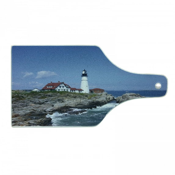 Landscape Cutting Board, Marine Themed Photo with Lighthouse on Rocks and Wavy Sea Calm Sky Panorama, Decorative Tempered Glass Cutting and Serving Board, in 3 Sizes, by Ambesonne