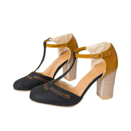 

Inkach Hollow Buckle Thick Heel Womens Single Shoes Color Matching Pump Sandals